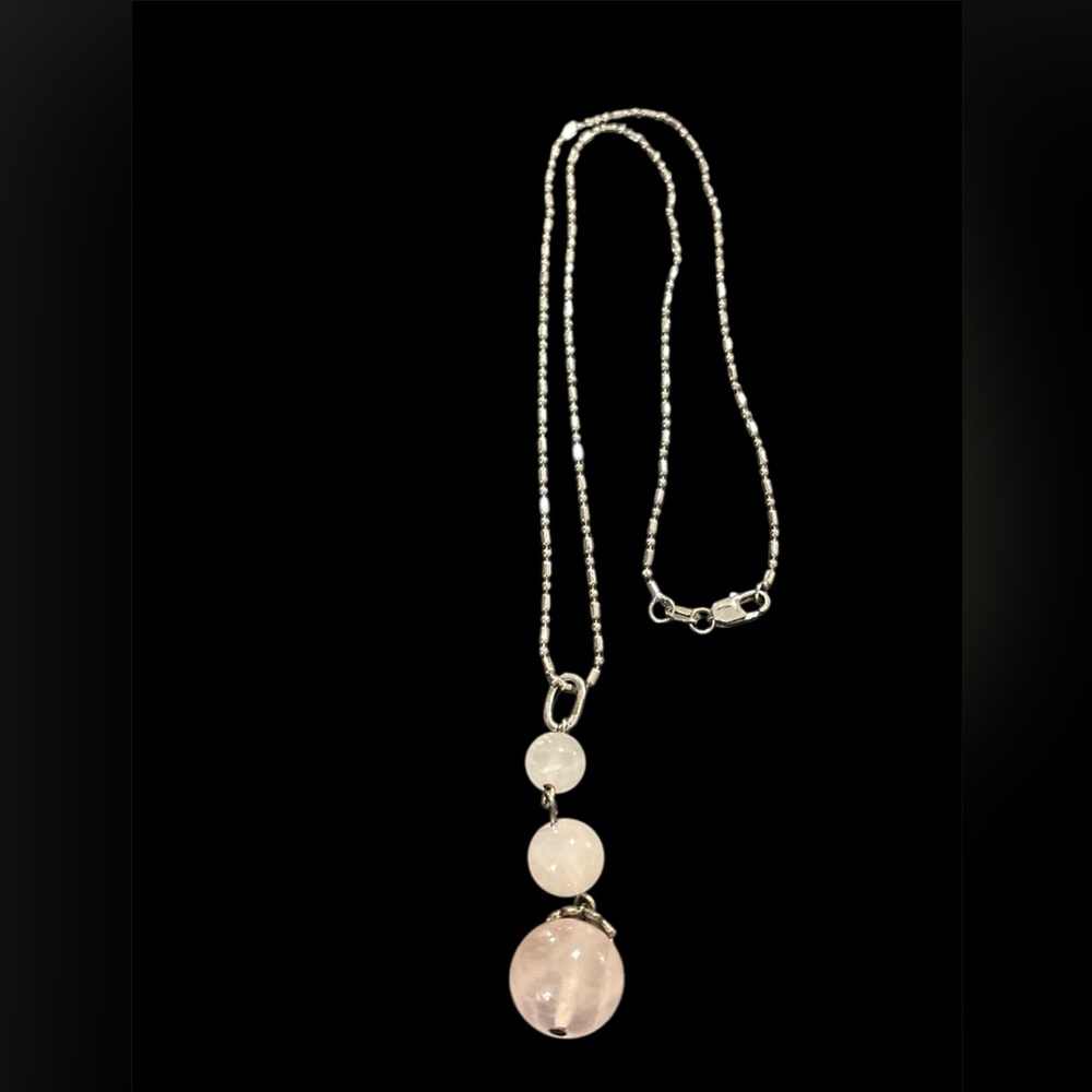 Vintage sterling pink rock crystal balls dangle pendant on sterling 925 necklace